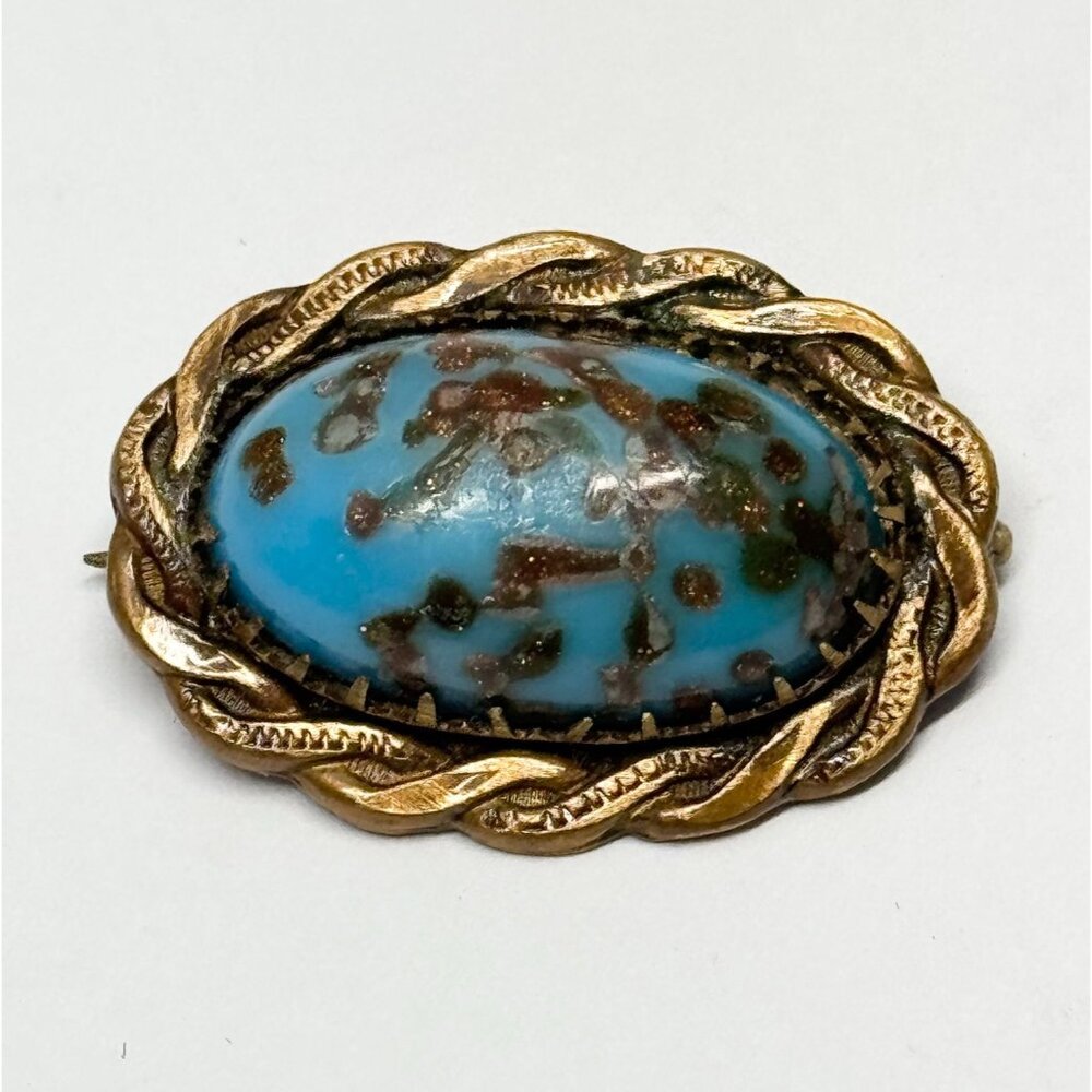 Estate brass speckled art glass brooch pin